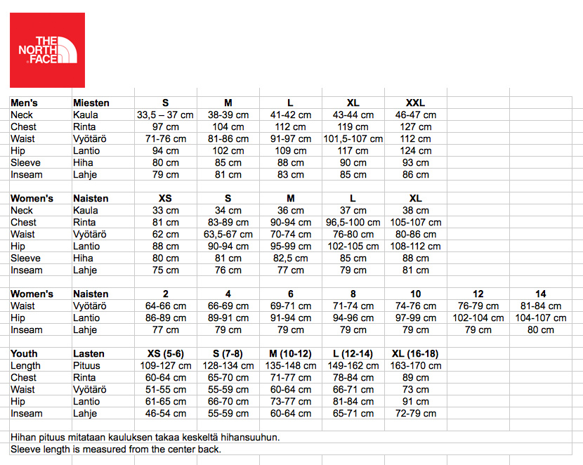 north face large size chart